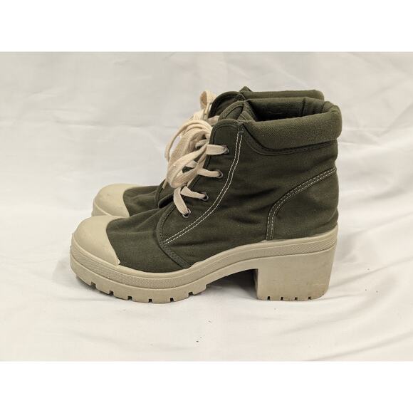 On Your Feet Women's Army Green Canvas Ankle Boots Lace Up Chunky y2k Shoes 7.5 - Picture 2 of 10